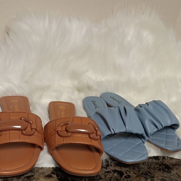 Elegant Brown and Blue Women's Slide Sandals - Picture 1 of 5